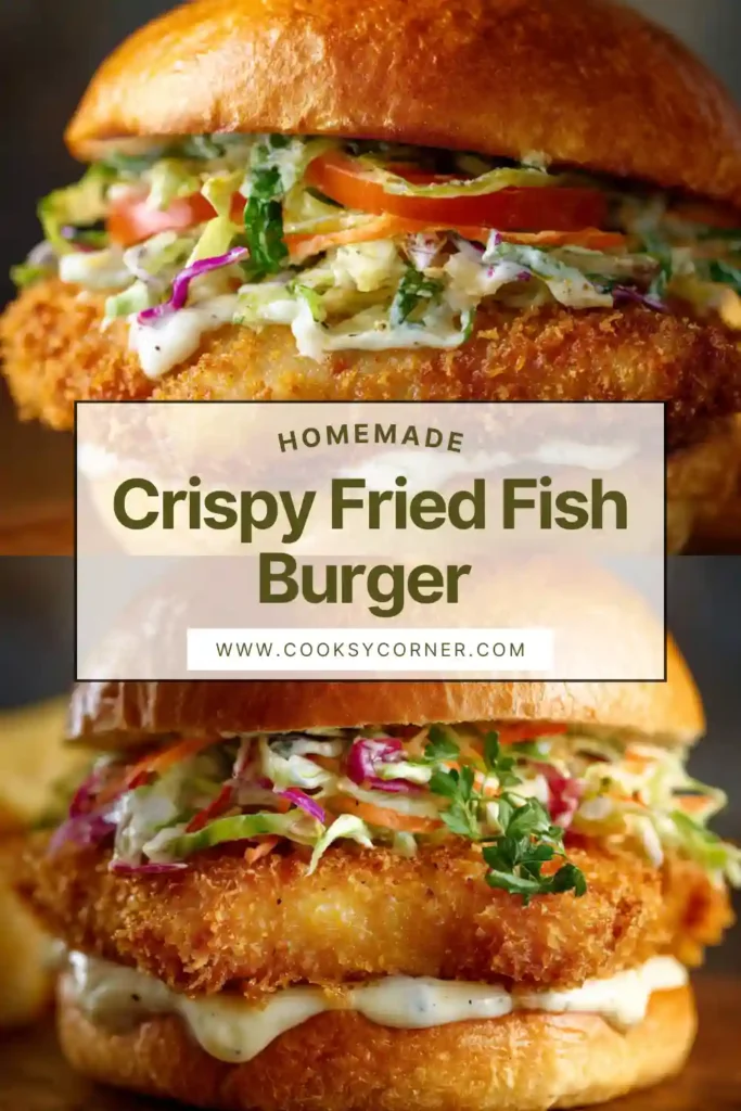 Crispy fried fish burger with tartar sauce and coleslaw in a toasted bun.
