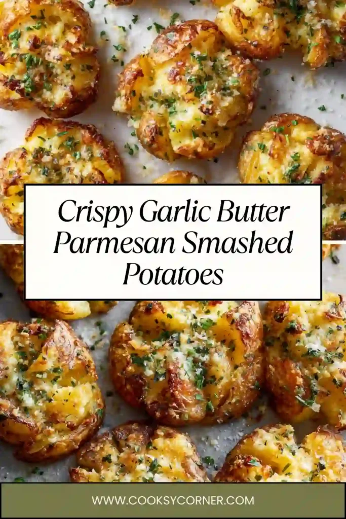 Close-up of crispy smashed potatoes with garlic butter and melted parmesan cheese fresh from the oven.