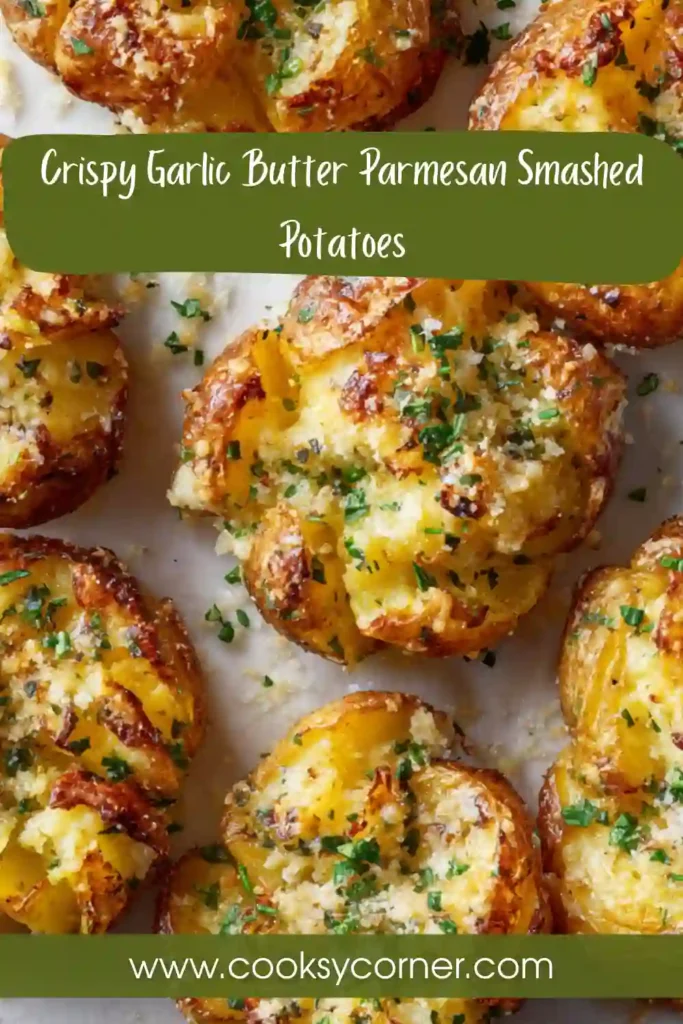 Golden smashed potatoes coated with garlic butter and parmesan cheese roasted until crispy around the edges.