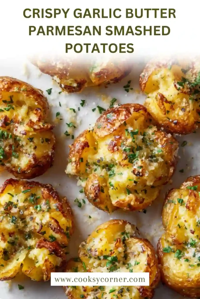 Crispy Garlic Butter Parmesan Smashed Potatoes baked until golden brown with melted parmesan and fresh parsley garnish.