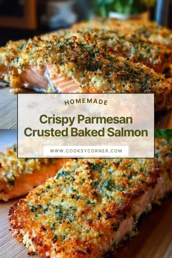 Healthy baked salmon fillet topped with Parmesan cheese and garlic herbs. The crispy crust contrasts beautifully with the flaky pink salmon.
