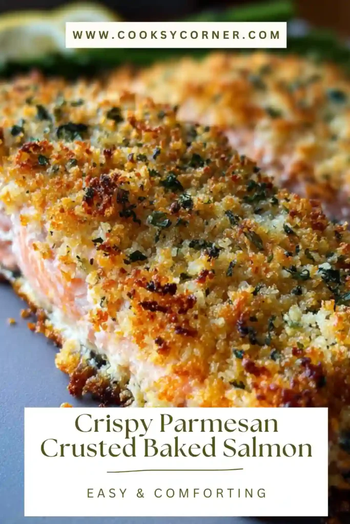 Close-up of parmesan crusted salmon fresh out of the oven with a crispy golden herb topping. This easy baked salmon recipe has a tender, juicy interior.