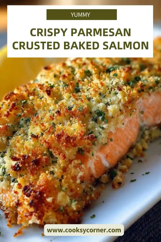 Crispy Parmesan Crusted Baked Salmon served on a white plate with golden cheesy topping and fresh parsley garnish. The oven baked salmon looks flaky and perfectly cooked.