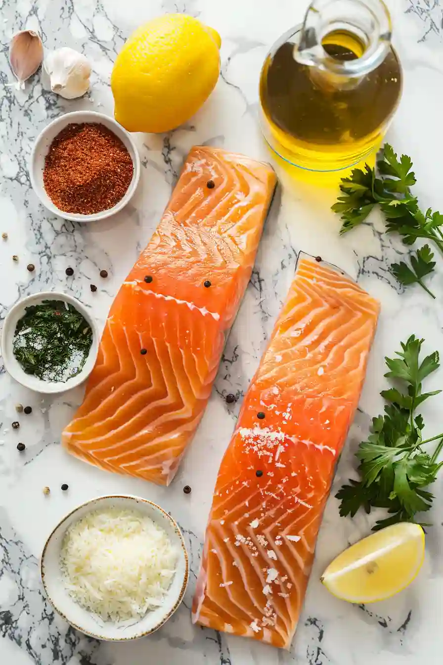 Oven baked salmon with lemon and parmesan crust served with roasted vegetables. A wholesome and quick salmon recipe for dinner.
