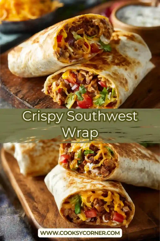 Close-up of a crispy southwest beef wrap served with salsa and cilantro dipping sauce.