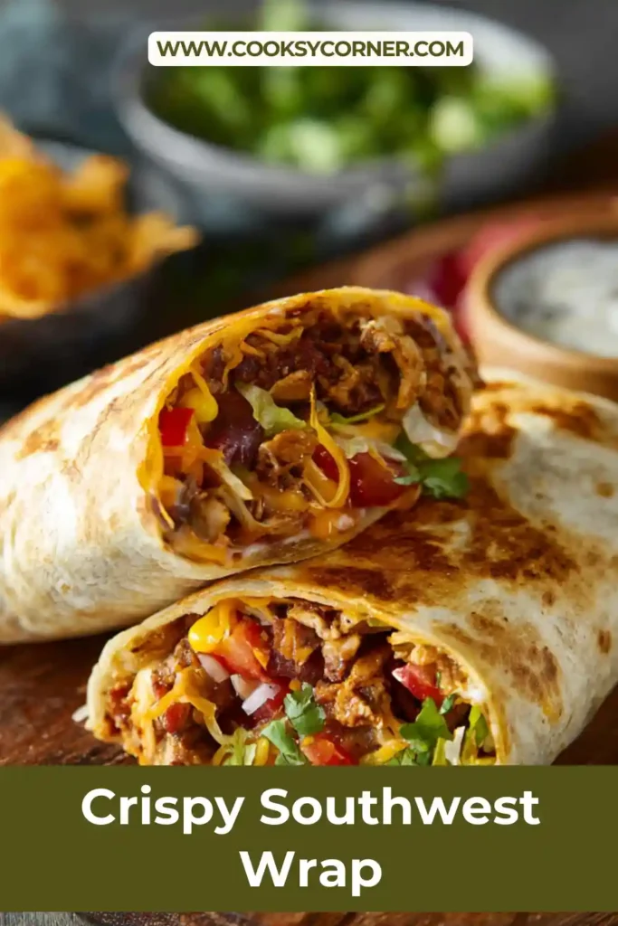 Golden crispy southwest wrap cut in half showing seasoned ground beef, rice, beans, and melted cheddar cheese inside a toasted tortilla.