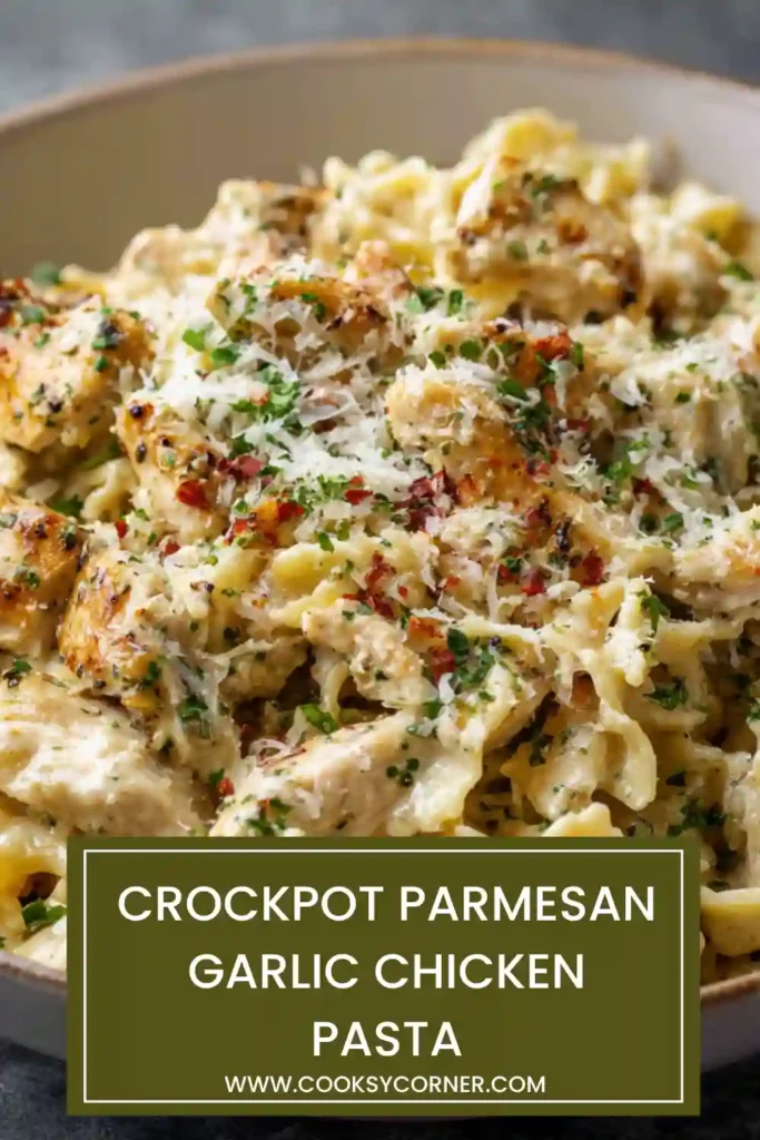 Close-up of creamy chicken pasta with parmesan cheese and herbs.