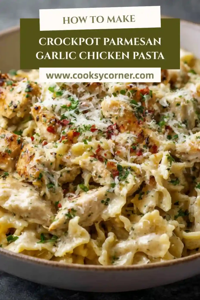 Creamy garlic parmesan chicken pasta with tender shredded chicken and rich sauce.