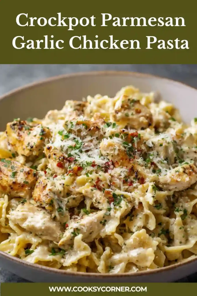 Crockpot Parmesan Garlic Chicken Pasta served with parsley and red pepper flakes.