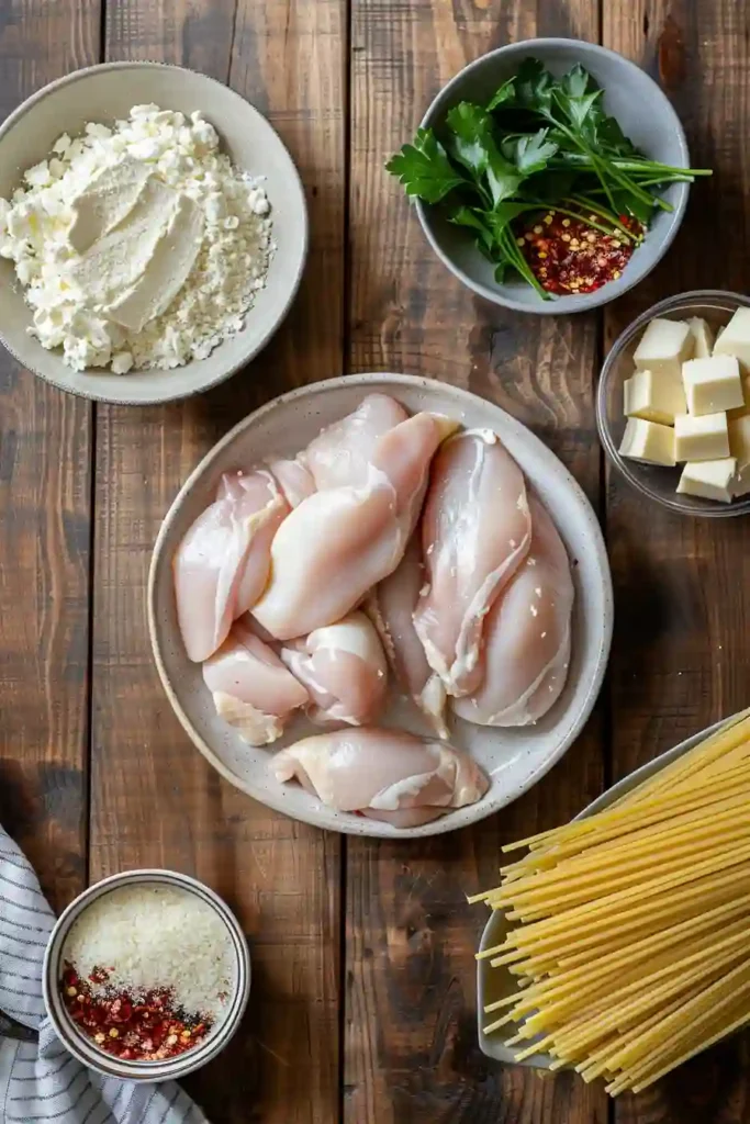 Bowl of crockpot chicken pasta with thick creamy sauce and garnish.