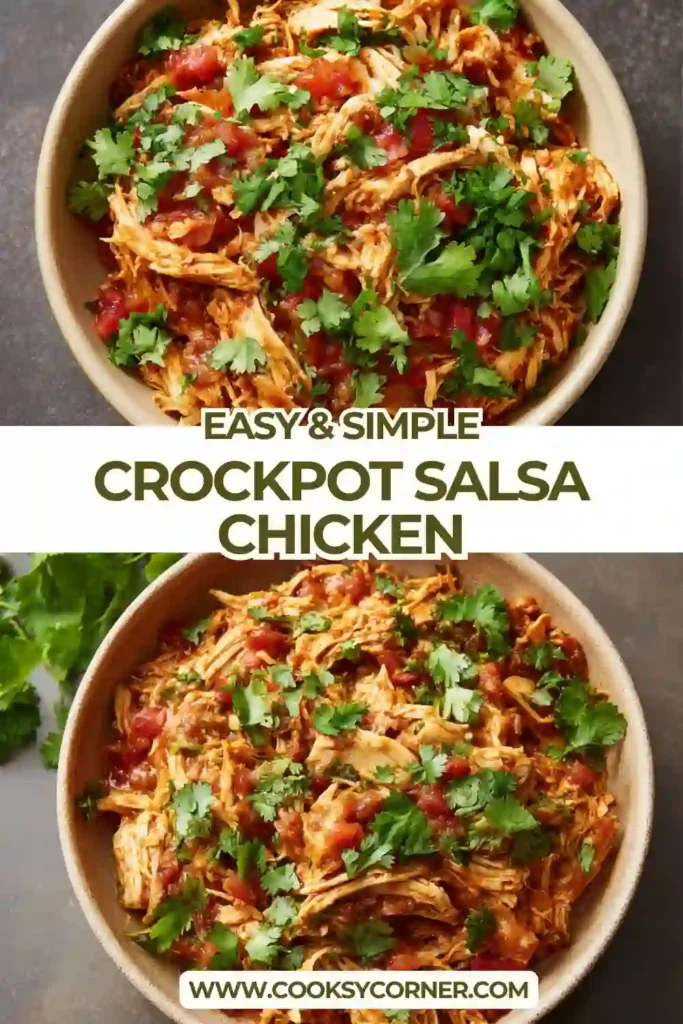 Tender Crockpot Salsa Chicken shredded and mixed with chunky red salsa, topped with fresh cilantro. A perfect slow cooker chicken recipe for tacos.