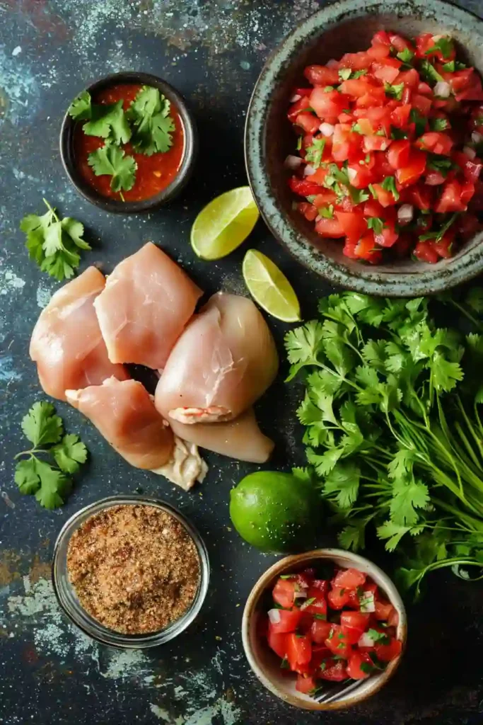 Crockpot Salsa Chicken plated for serving with fresh lime and cilantro garnish, showing tender shredded texture and vibrant colors.