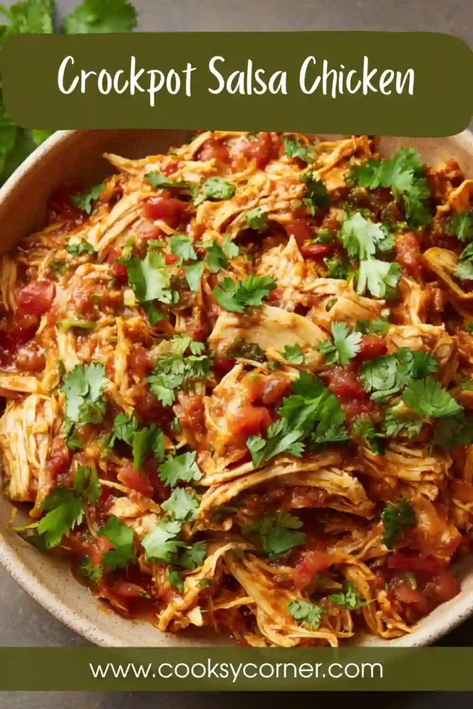 Close-up of shredded Crockpot Salsa Chicken in a slow cooker with rich tomato salsa and herbs. Perfect Tex-Mex chicken dish.