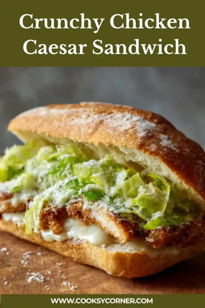 Close-up of crispy chicken sandwich layered with Caesar salad and garlic butter bread.