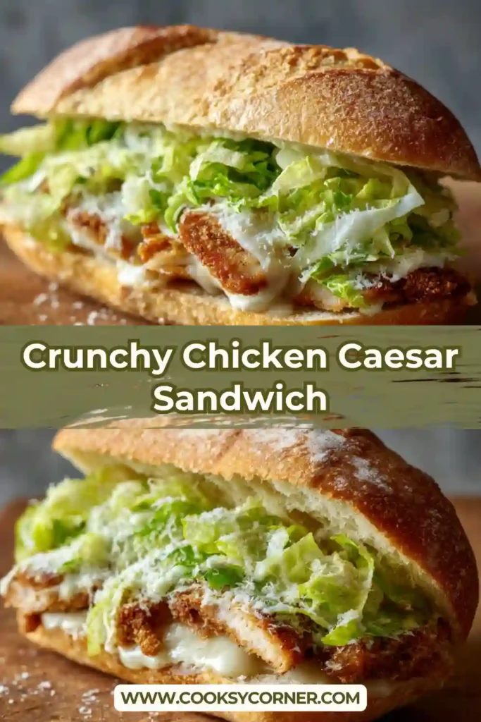 Crunchy chicken Caesar sandwich with crispy chicken, romaine lettuce, and parmesan on toasted sub roll.