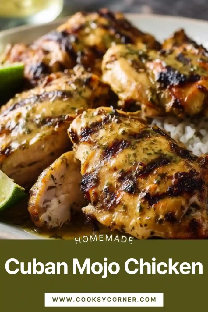 Cuban Mojo Chicken grilled with citrus garlic marinade, served juicy and slightly charred with fresh herbs and lime wedges.
