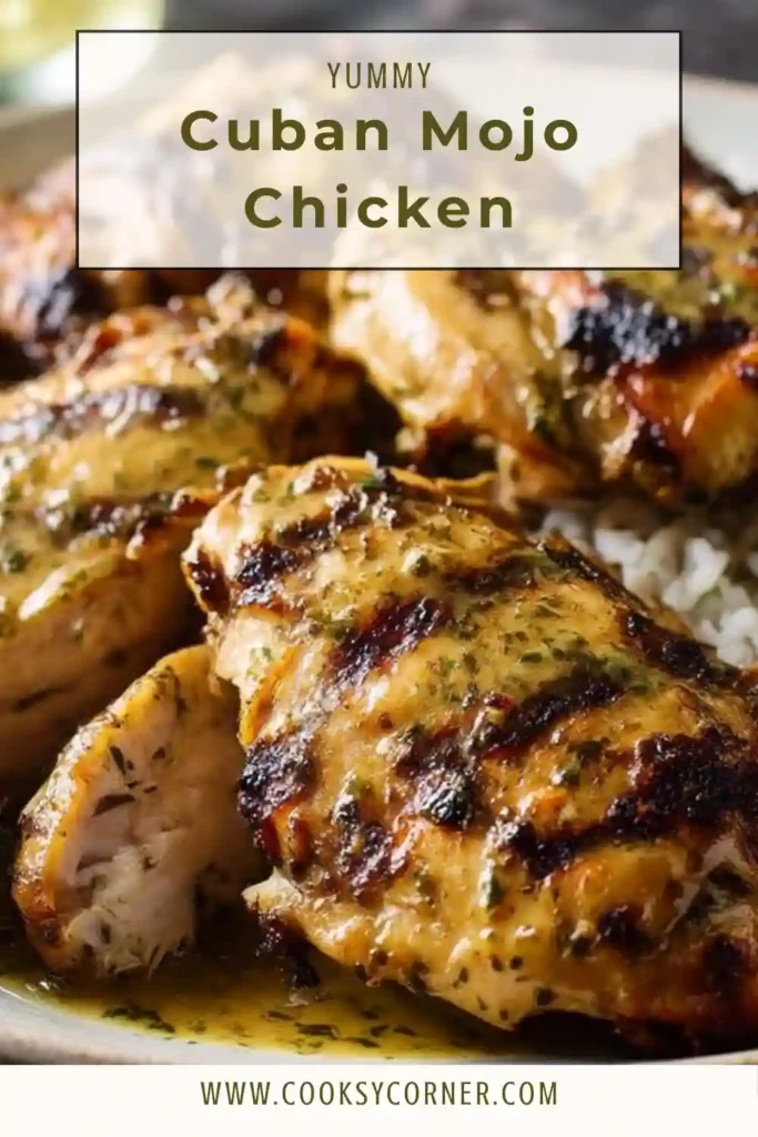 Cuban Mojo Chicken grilled with citrus garlic marinade, served juicy and slightly charred with fresh herbs and lime wedges.