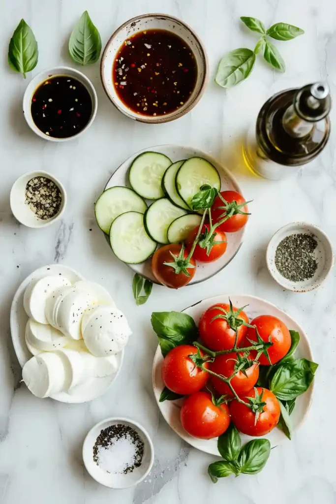 Colorful cucumber caprese salad made with fresh tomatoes, mozzarella cheese, cucumbers, and basil for a light summer dish.
