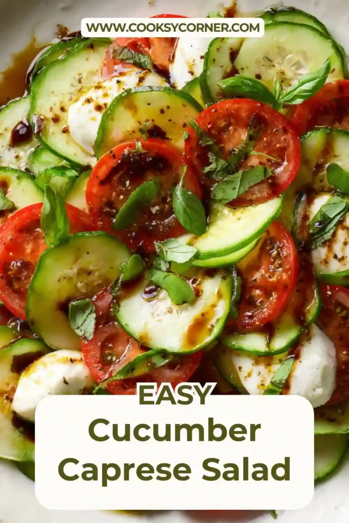 A vibrant cucumber caprese salad with sliced tomatoes, fresh mozzarella, crisp cucumbers, and basil drizzled with olive oil and balsamic vinegar.