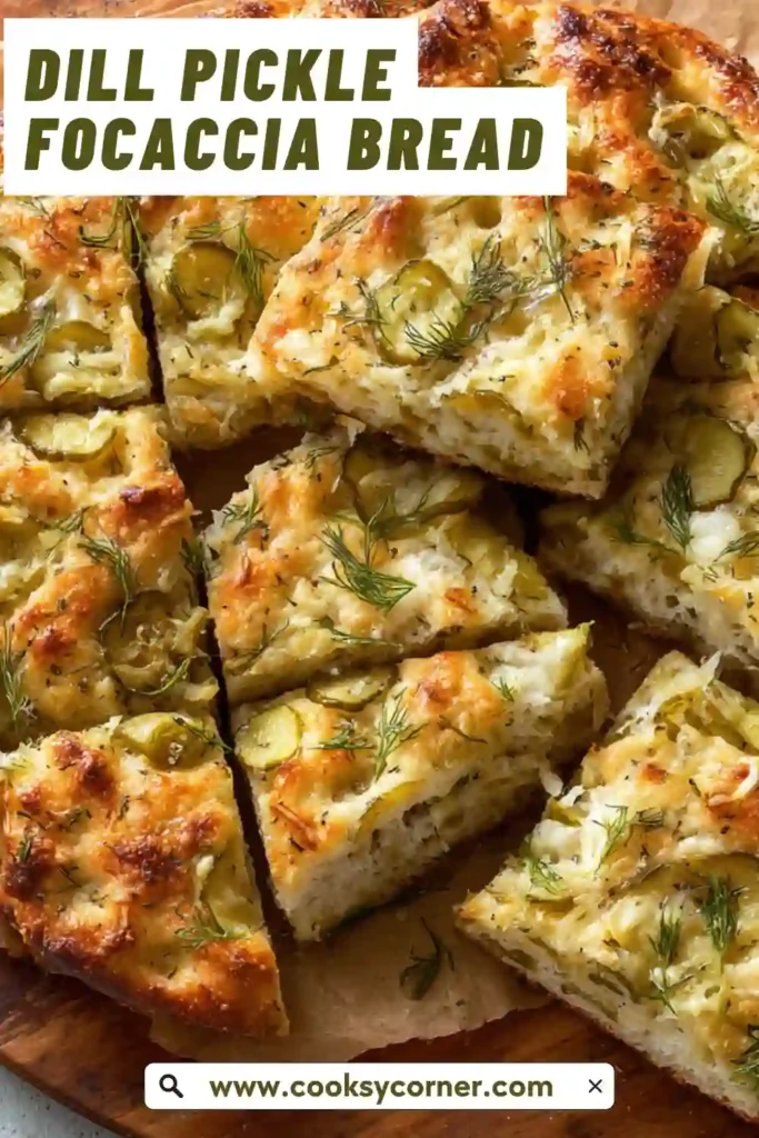 Cheesy dill pickle focaccia with crispy edges and soft interior.