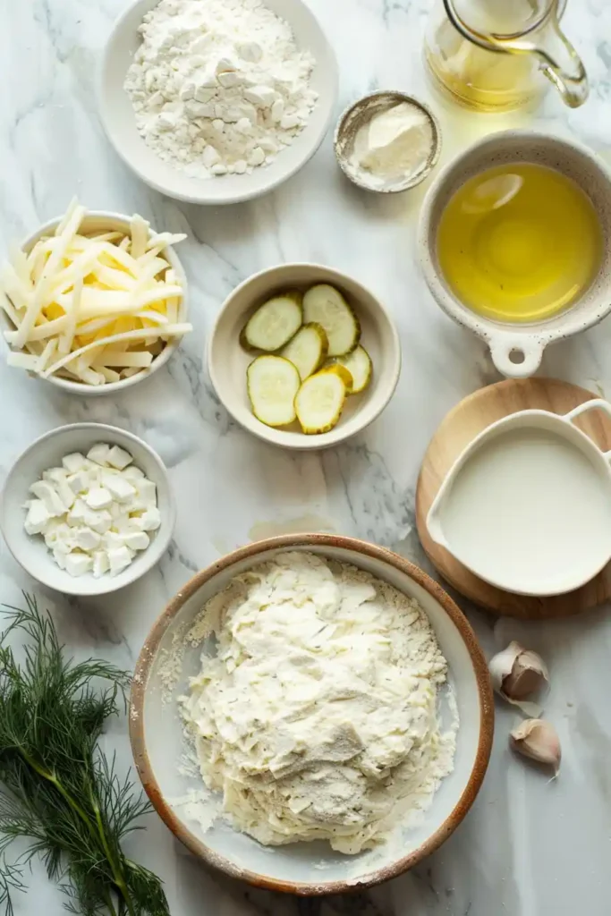 Freshly baked focaccia bread topped with pickles and herbs.