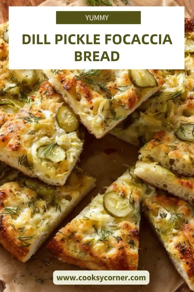 Dill pickle focaccia bread topped with melted mozzarella and fresh dill, baked until golden.
