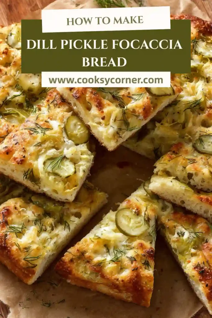 Homemade focaccia bread with pickles, cheese, and garlic sauce in a cast iron skillet.