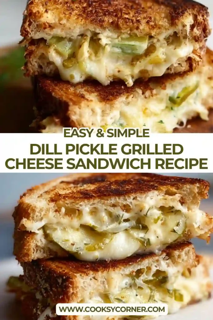 Homemade dill pickle grilled cheese sandwich cooked until golden brown with gooey cheese and pickle pieces inside sourdough bread.