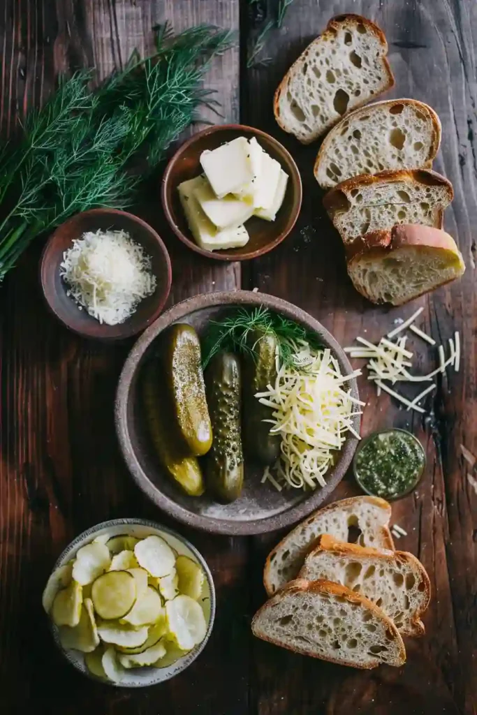 Comfort food dill pickle grilled cheese sandwich served warm with melted cheese and crunchy dill pickle chips.