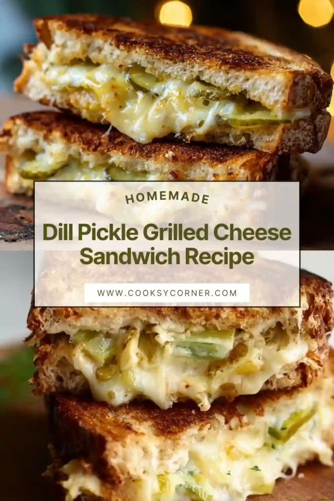A crispy dill pickle grilled cheese sandwich made with sourdough bread, melted dill havarti cheese, and chopped pickles. The sandwich is golden brown with crunchy pickle chips inside.