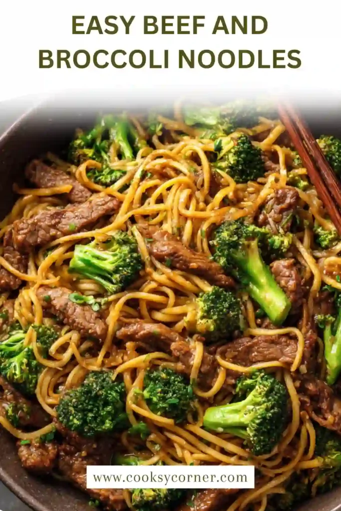 Savory beef and broccoli noodle stir fry with tender ground beef and bright green broccoli on a dinner plate.