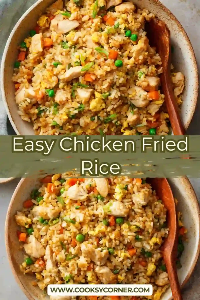 Close-up of flavorful chicken fried rice showing tender chicken and fluffy rice.