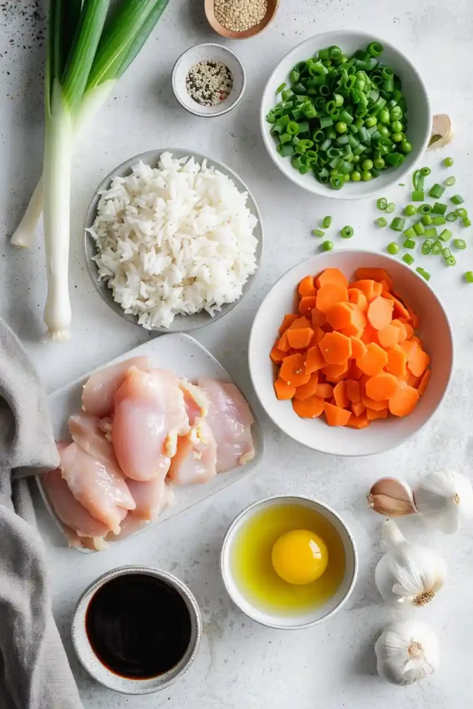 Better than takeout chicken fried rice in a bowl with fresh green onions on top.