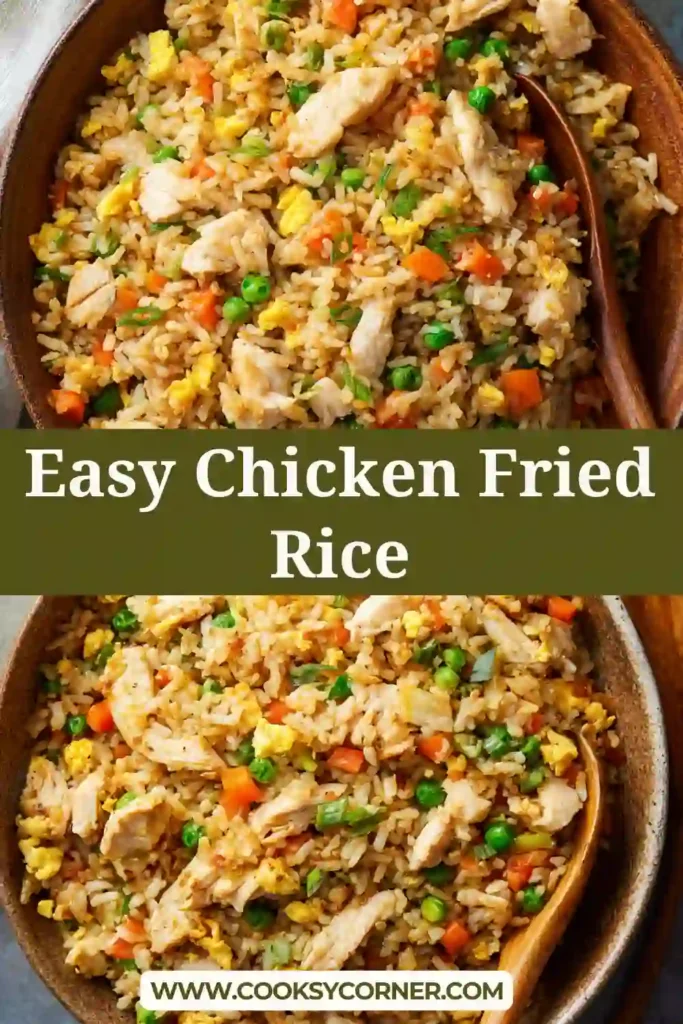 Homemade chicken fried rice with peas, carrots, and green onions in a skillet.