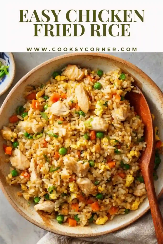 Homemade chicken fried rice with peas, carrots, and soy sauce in a wok.