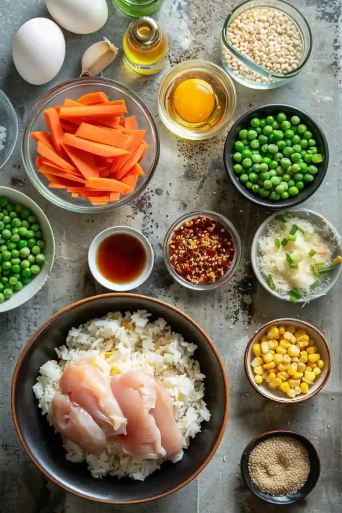 One pan chicken fried rice with vegetables and eggs, better than takeout style.