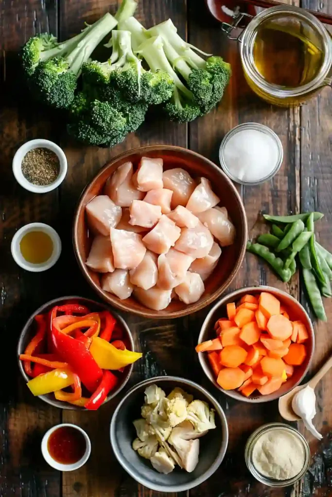 Healthy chicken stir fry dish with colorful vegetables and perfectly cooked chicken.