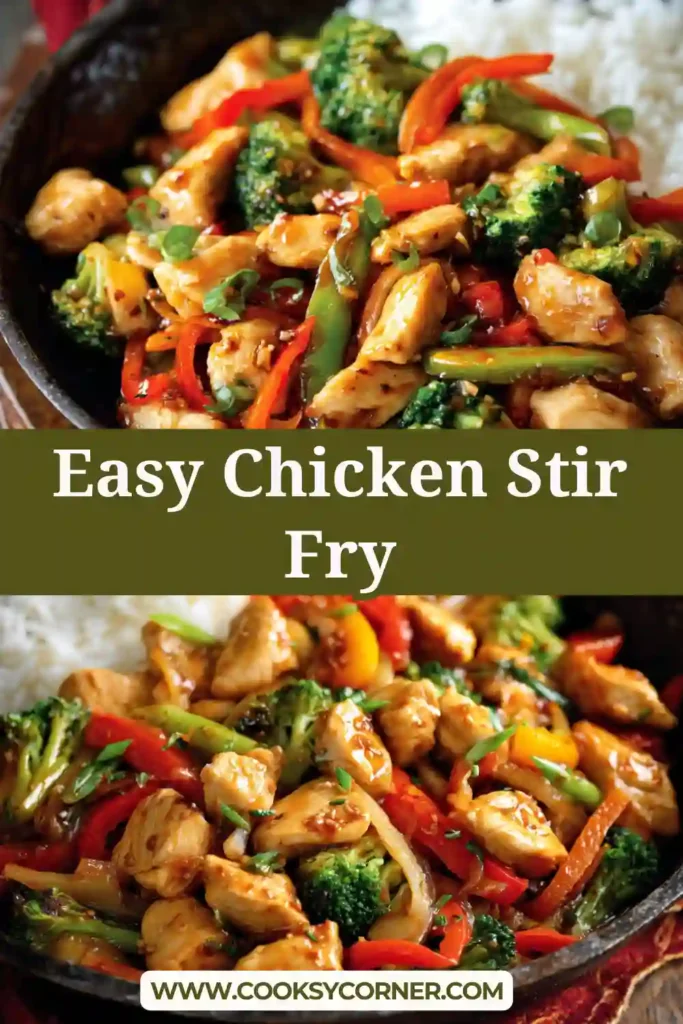 Close-up of chicken and vegetable stir fry with vibrant colors and tender chicken pieces.