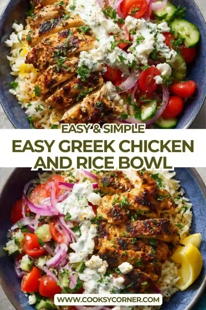 Healthy Greek chicken bowl with seasoned chicken thighs, rice, cucumber salad, and feta.