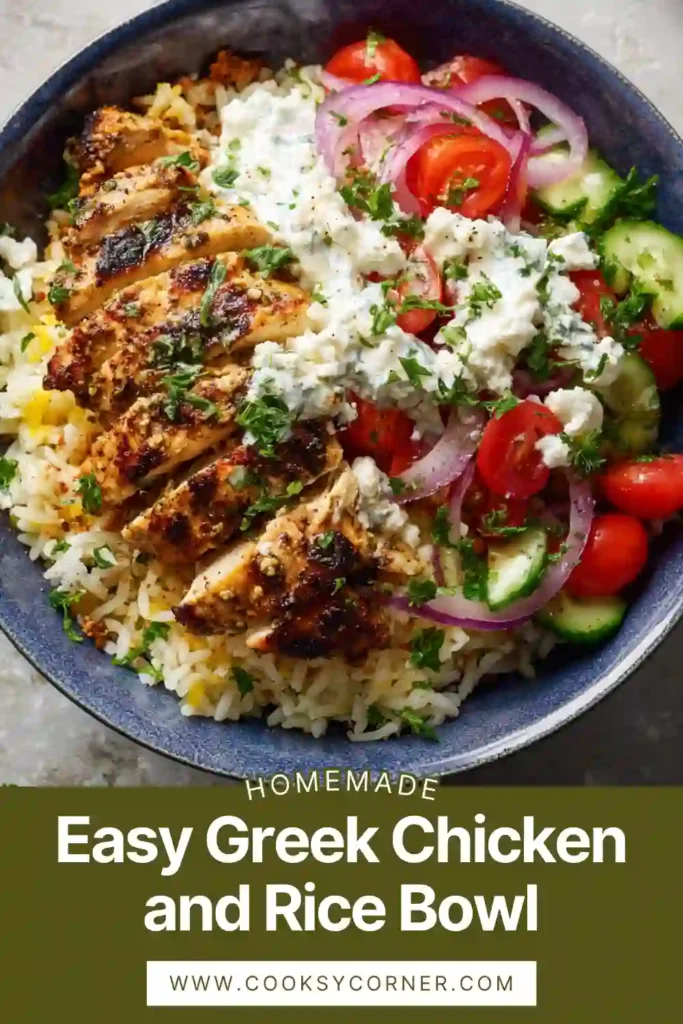 Mediterranean chicken rice bowl with lemon chicken, fresh vegetables, and yogurt tzatziki sauce.