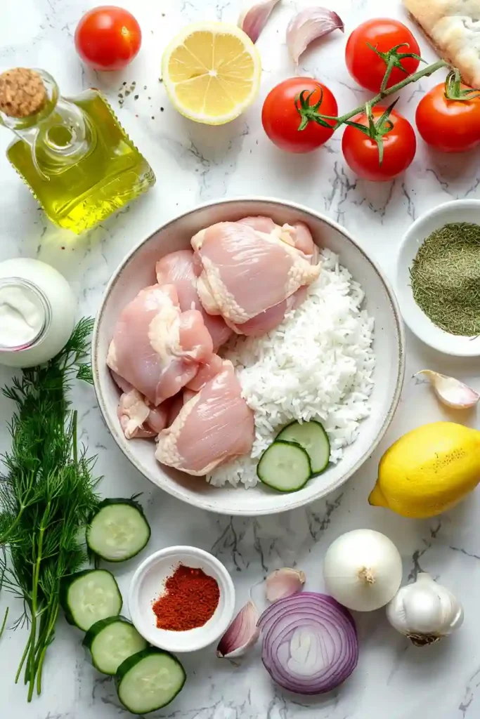 Easy Greek chicken rice bowl with tzatziki and pita bread on the side.