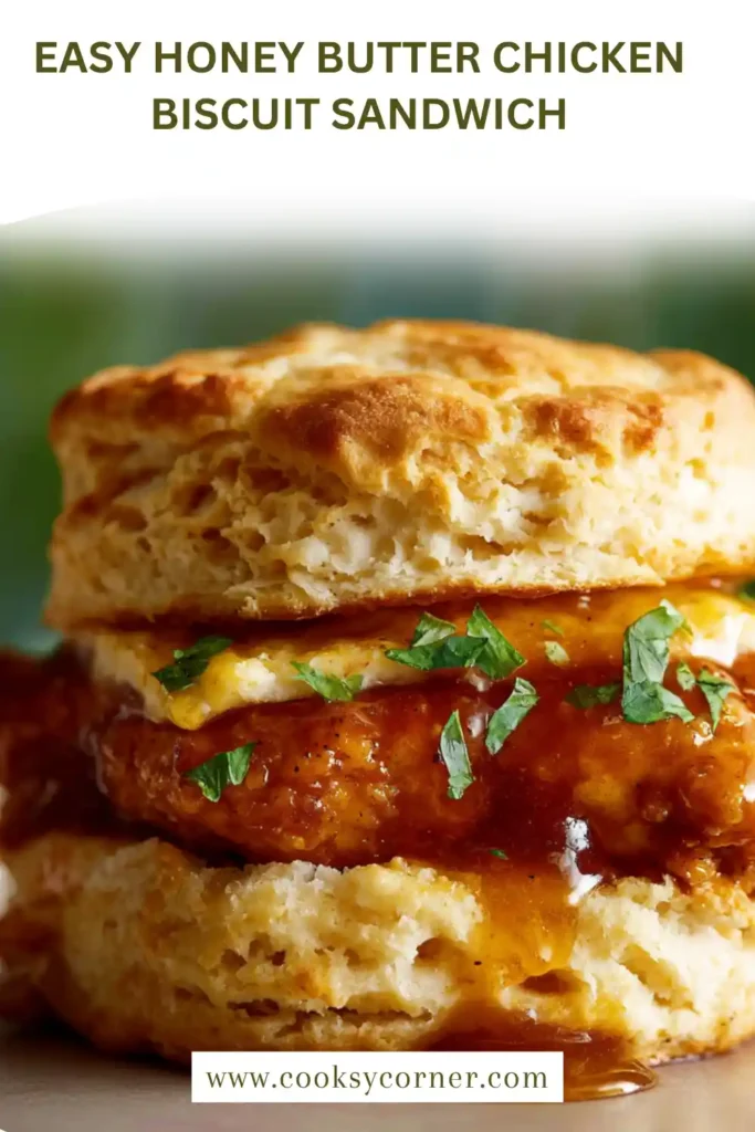 Homemade biscuit sandwich filled with crispy chicken and honey butter. Golden brown and freshly prepared.