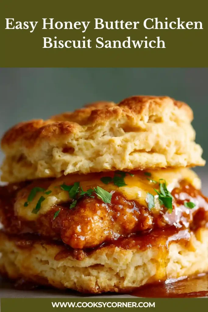 Honey butter chicken biscuit sandwich with crispy chicken and soft golden biscuit layers. Drizzled with honey for a glossy finish.