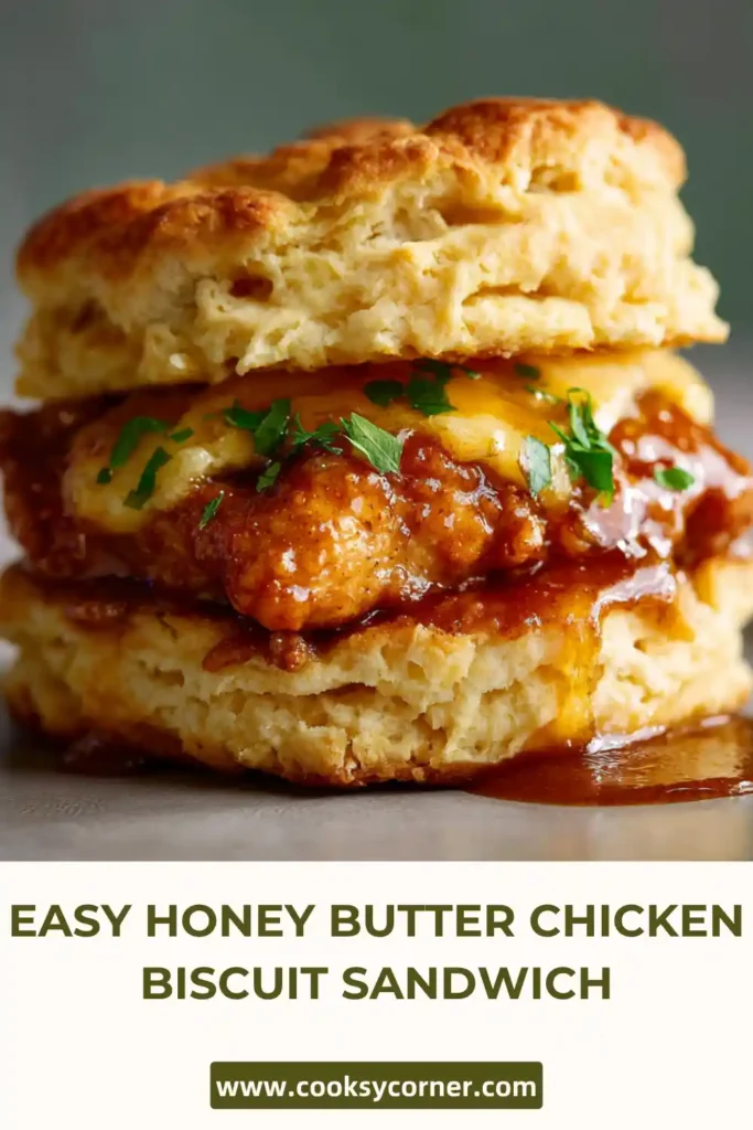 Close-up of chicken biscuit sandwich showing flaky biscuit texture and juicy fried chicken. Comfort food style presentation.