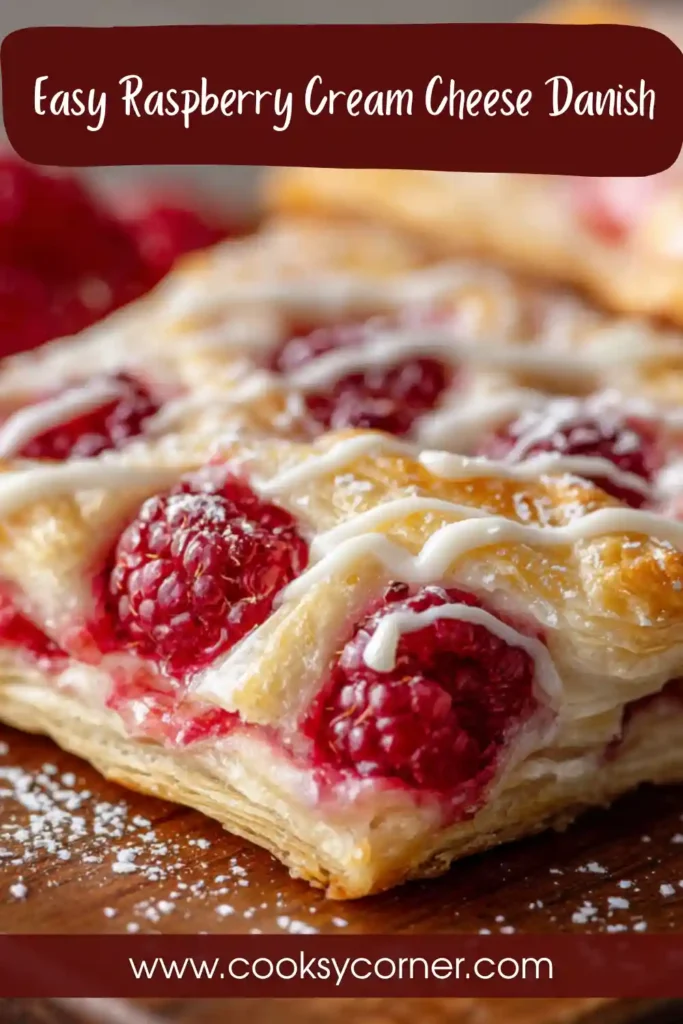 Homemade raspberry danish pastries with creamy filling and glossy icing topping.