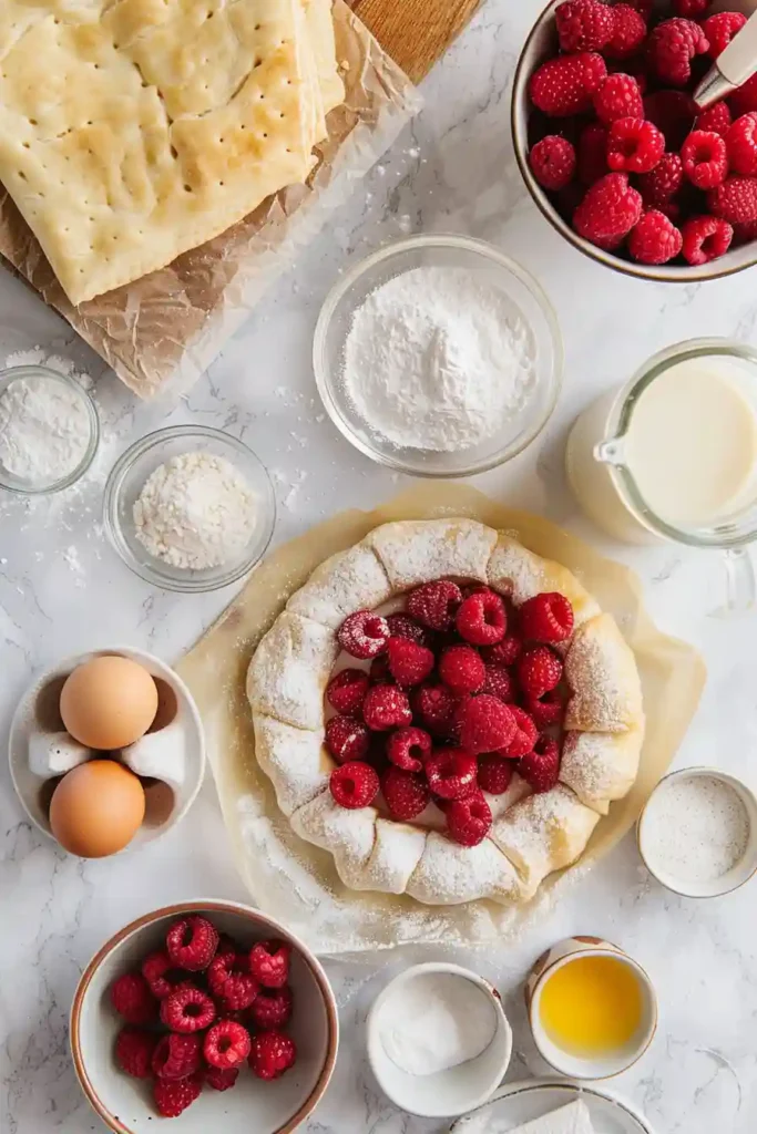 Close-up of raspberry cream cheese danish showing flaky layers and fruit filling.