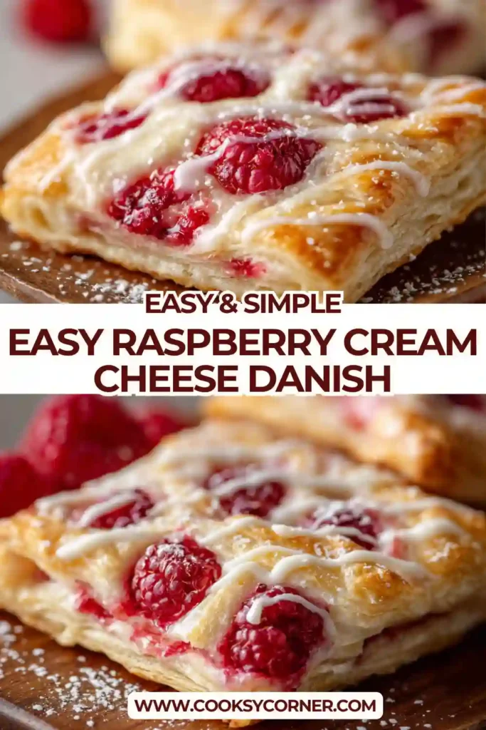 Flaky puff pastry danish filled with cream cheese and raspberries, baked until golden brown.