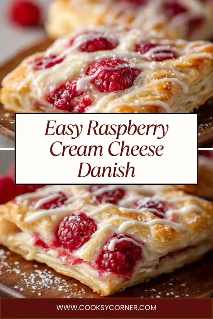 Easy raspberry cream cheese danish made with puff pastry, fresh raspberries, and sweet icing drizzle on top.