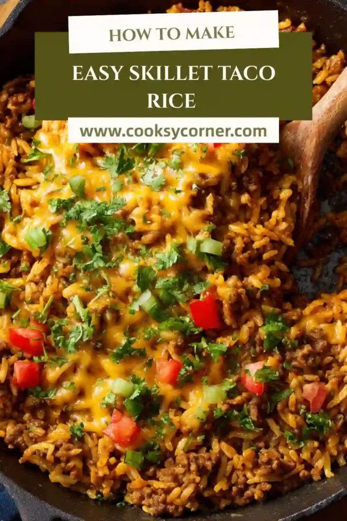 One pan taco rice dish with melted cheese and fresh herbs, ready to serve.