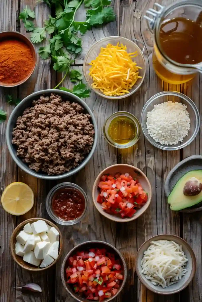 Homemade taco rice with ground beef, rice, and toppings in a skillet.